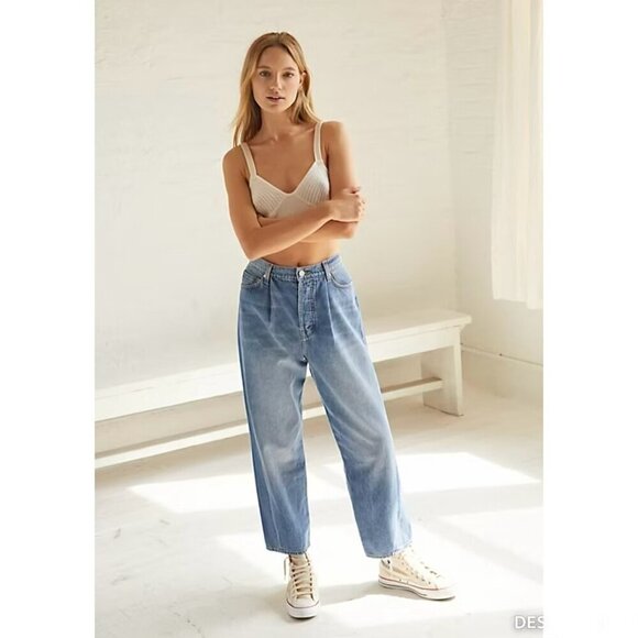 NWT Sandrine Rose The Fred Pleated Tapered Jeans Free People FP Tan New Beige 24 - Picture 10 of 11